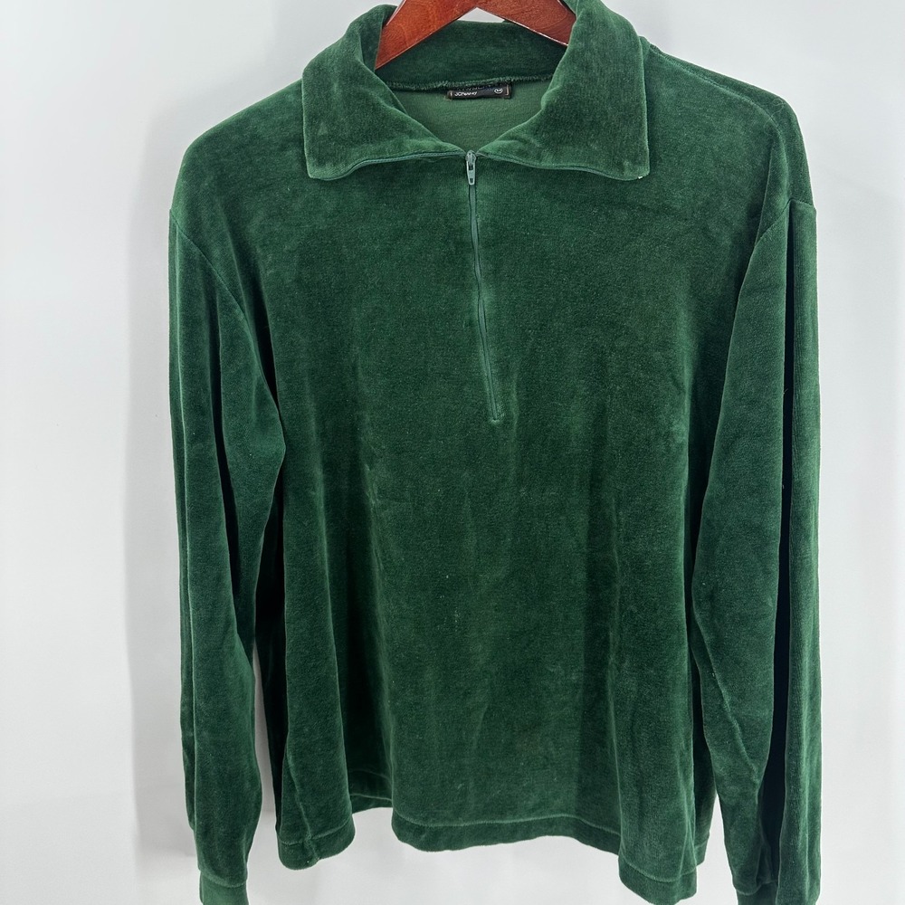 Vintage Y2K Towncraft JC‎ Penny Quarter Zip Velour Pullover Sweatshirt Green M - Picture 2 of 8
